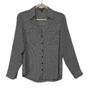 Express Small Black White Polka Dot Long Sleeve Button Up Career Blouse Shirt‎